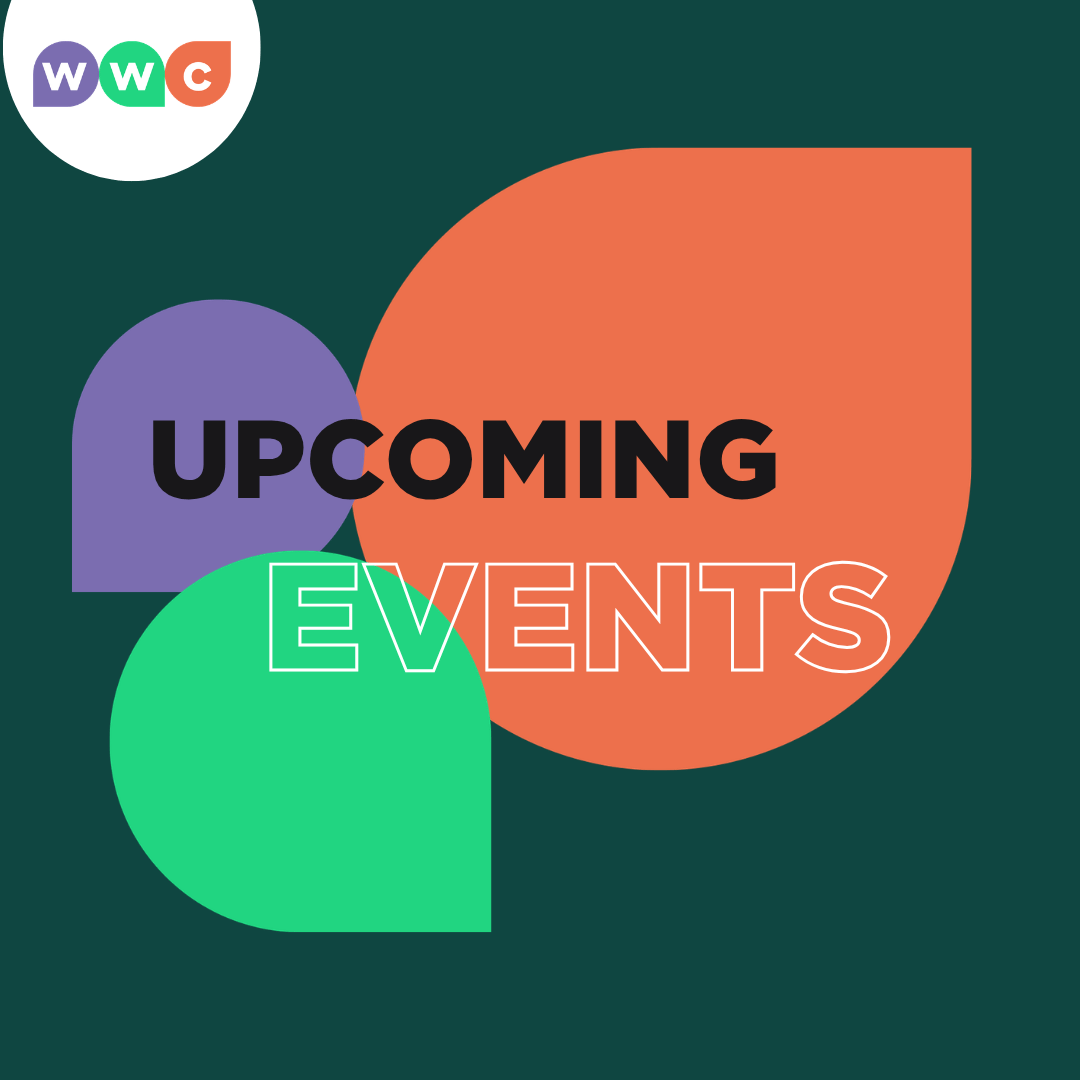 Eine Platzhaltergrafik des Welcome and Work Centers für den Landkreis Osnabrück zu anstehenden Veranstaltungen. Auf dunkelgrünem Grund steht vor bunten Sprachelementen der englische Schriftzug „Upcoming Events“. Oben links befindet sich das runde WWC-Logo.