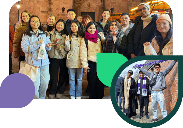 Event-Collage des Welcome and Work Centers Landkreis Osnabrück: Das Hauptbild zeigt eine internationale Gruppe bei einem abendlichen Ausflug. Der runde Ausschnitt rechts zeigt drei Personen mit lila-weißen Schals bei einer Freizeitaktivität im Osnabrücker Land.