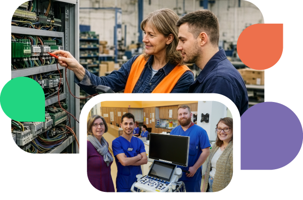 Collage des Welcome and Work Centers Landkreis Osnabrück: Oben lernt ein Elektroniker die Arbeit am Schaltschrank in einem Industriebetrieb. Unten lächelt ein Team aus Pflegekräften und Beraterinnen in einer medizinischen Einrichtung im Osnabrücker Land.