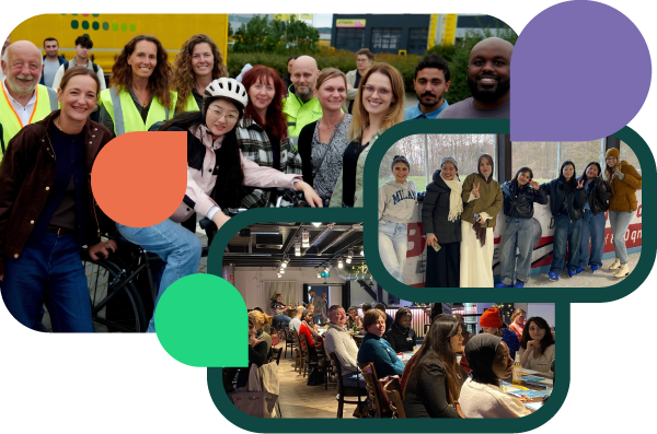 Netzwerk-Collage des Welcome and Work Centers Landkreis Osnabrück: Links eine Gruppe mit Fahrrädern bei einer Outdoor-Aktivität. Rechts junge Frauen an einer Eisbahn und unten internationale Fachkräfte bei einem Info-Abend oder Netzwerk-Treffen im Osnabrücker Land.